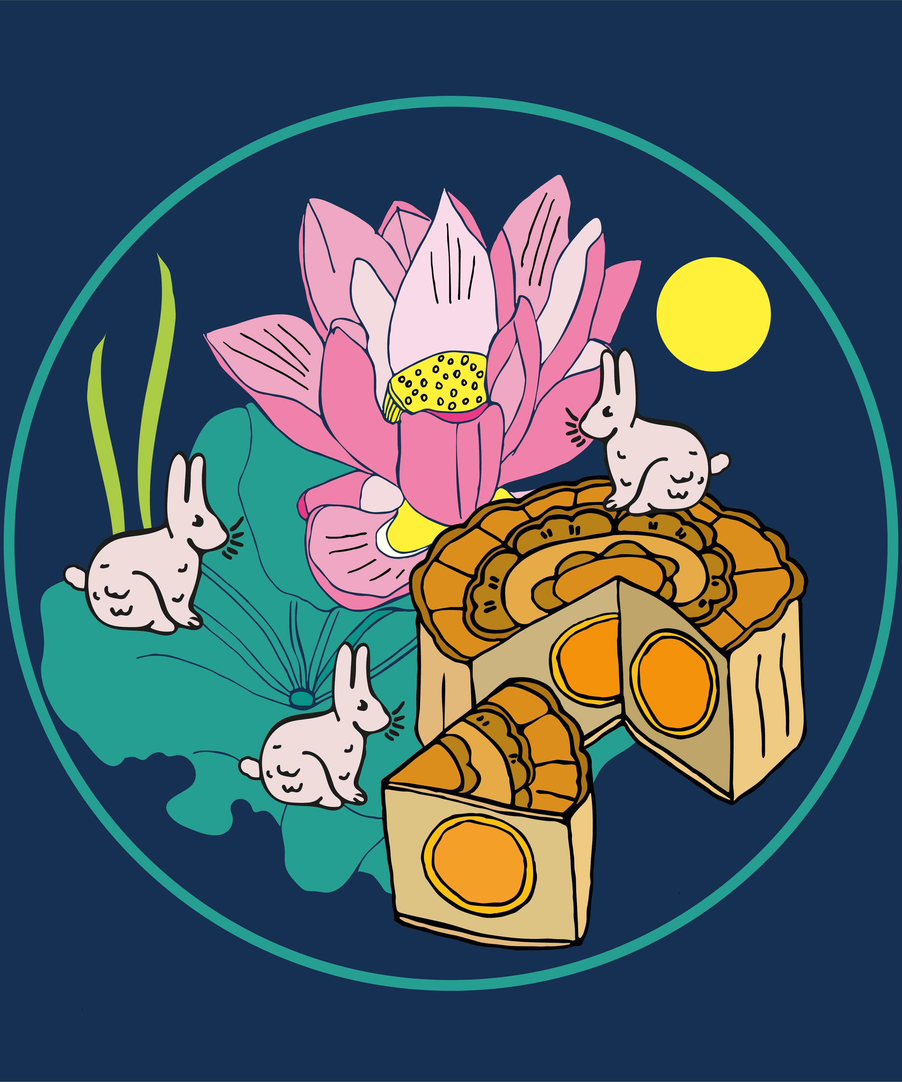 Illustration of a mooncake surrounded by white rabbits, a loysu flower, and a full yellow moon. 