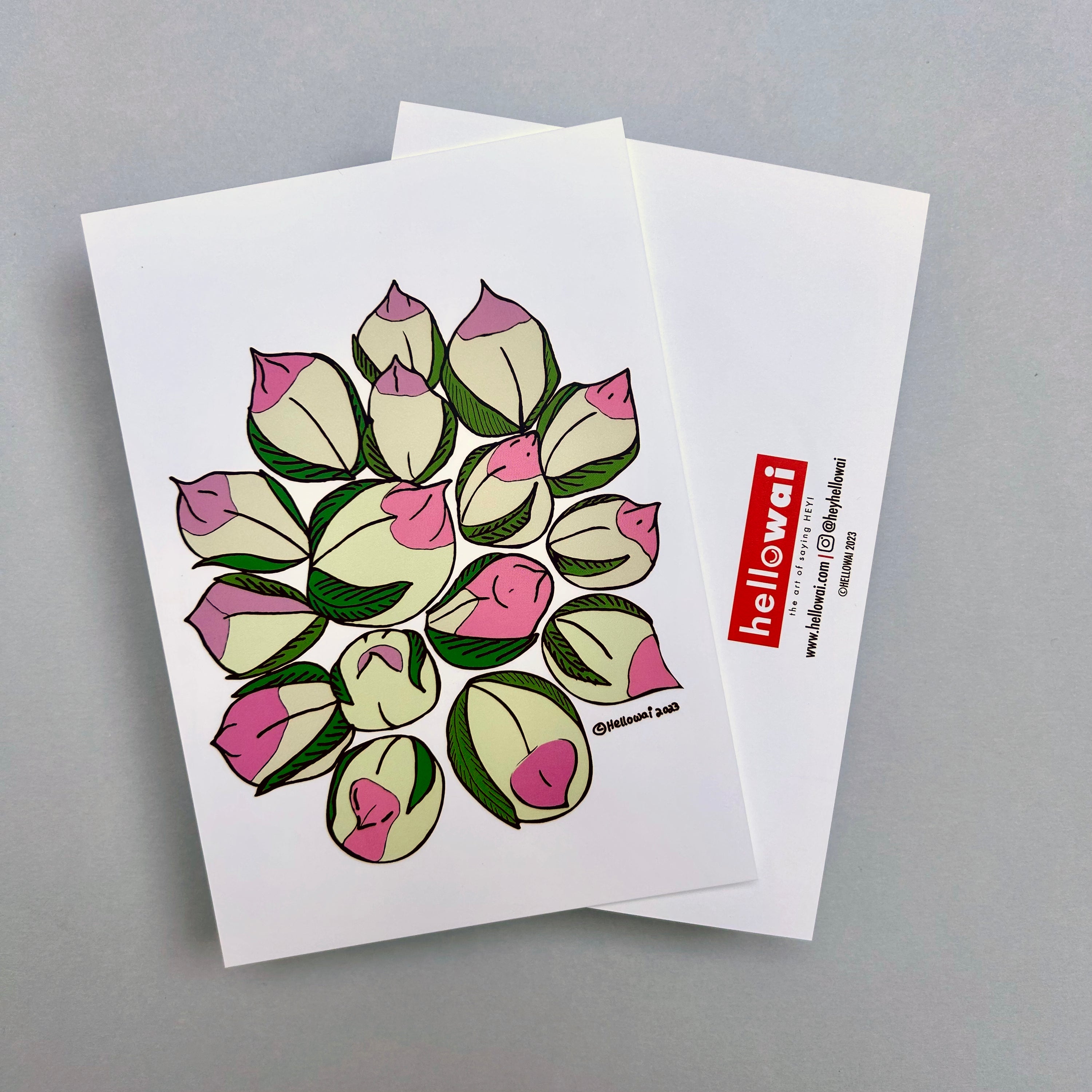 Front and back view of an A6 Hello Wai flat notecard. Front has colour illustration of a display of Chinese birthday buns that resembles a bouquet, printed on white card. Back has the Hello Wai logo.