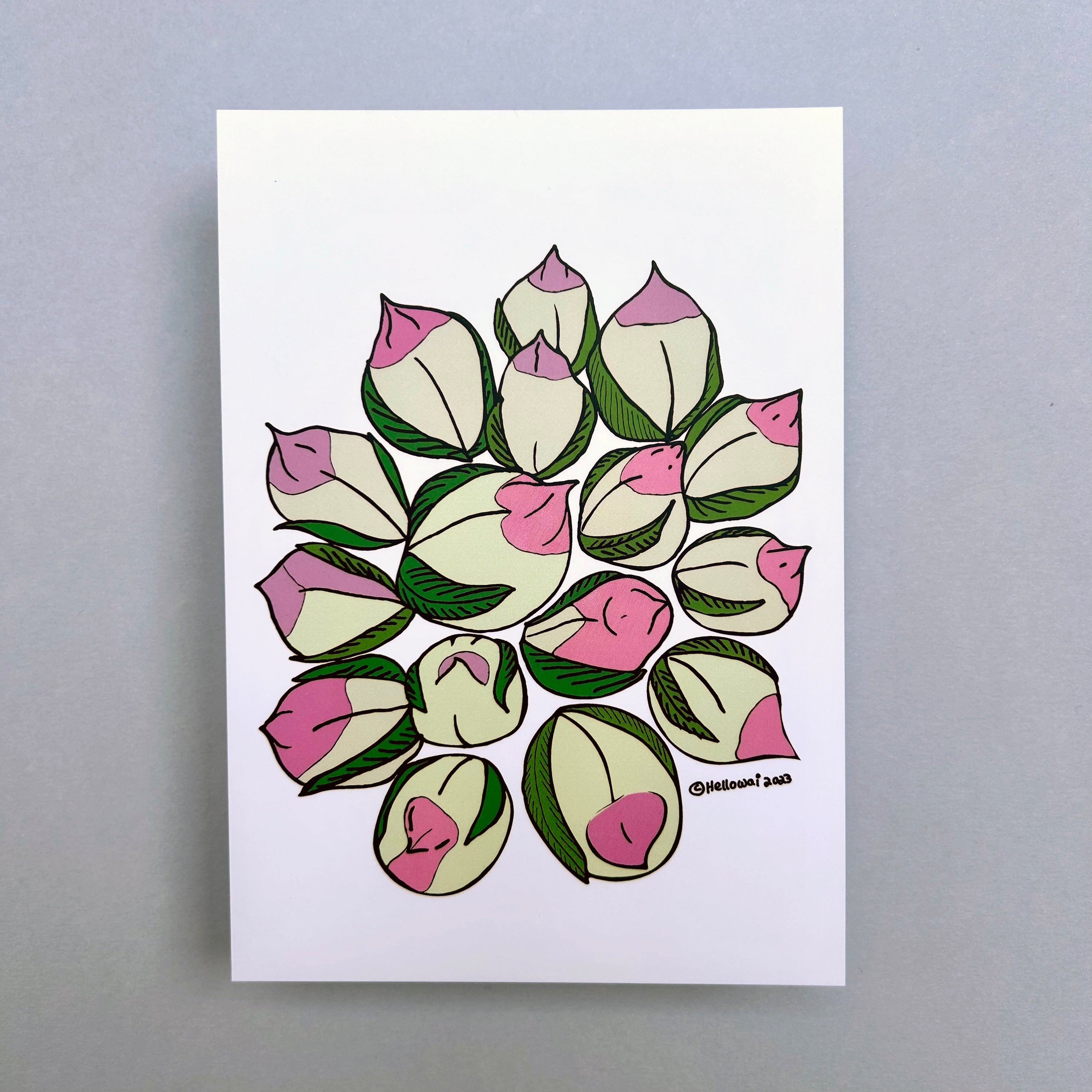 An A6 Hello Wai flat notecard with a display of Chinese birthday buns that resembles a bouquet, printed on white card. 