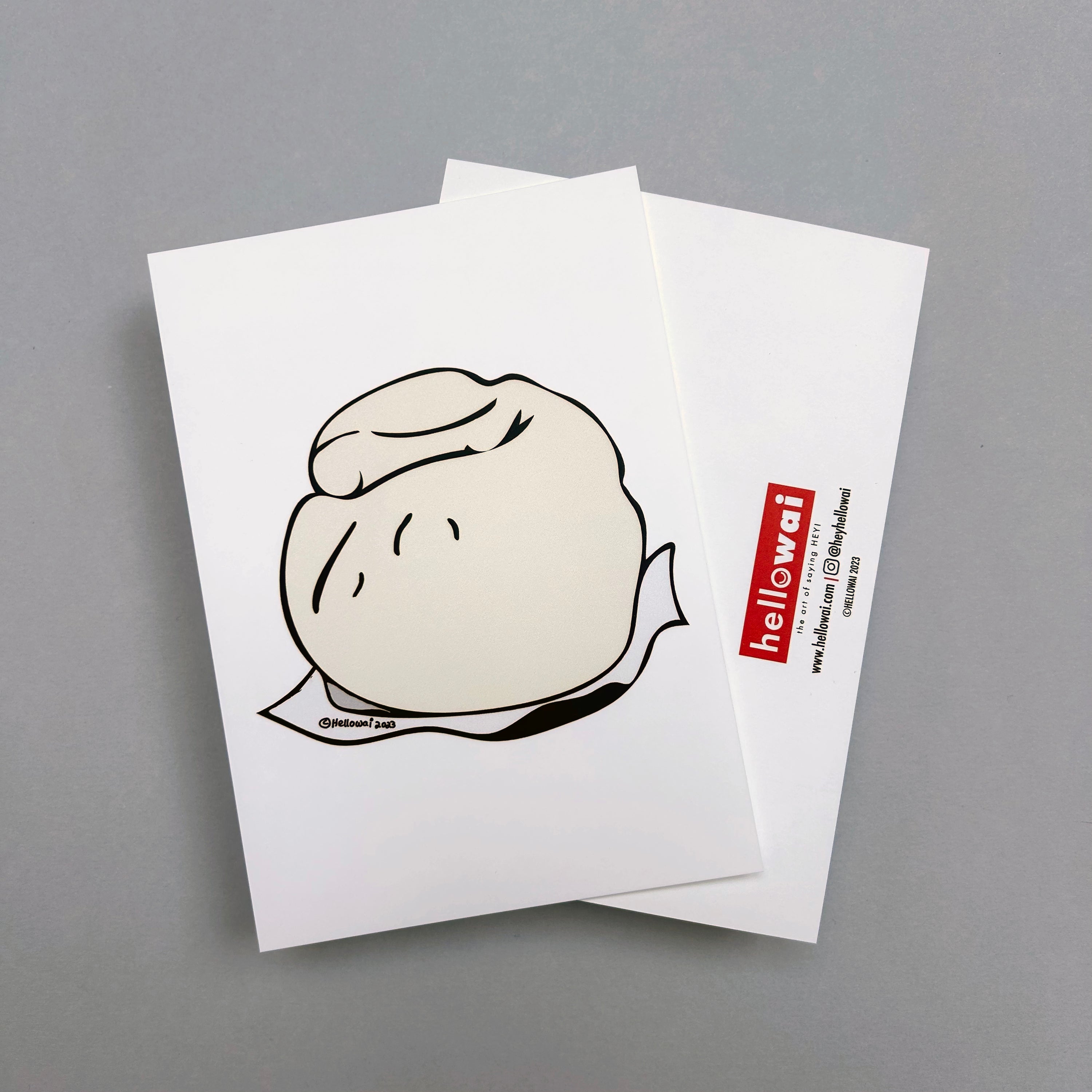 Front and back view of an A6 Hello Wai flat notecard. Front has colour illustration of a char siu bao, printed on white card. Back has the Hello Wai logo.