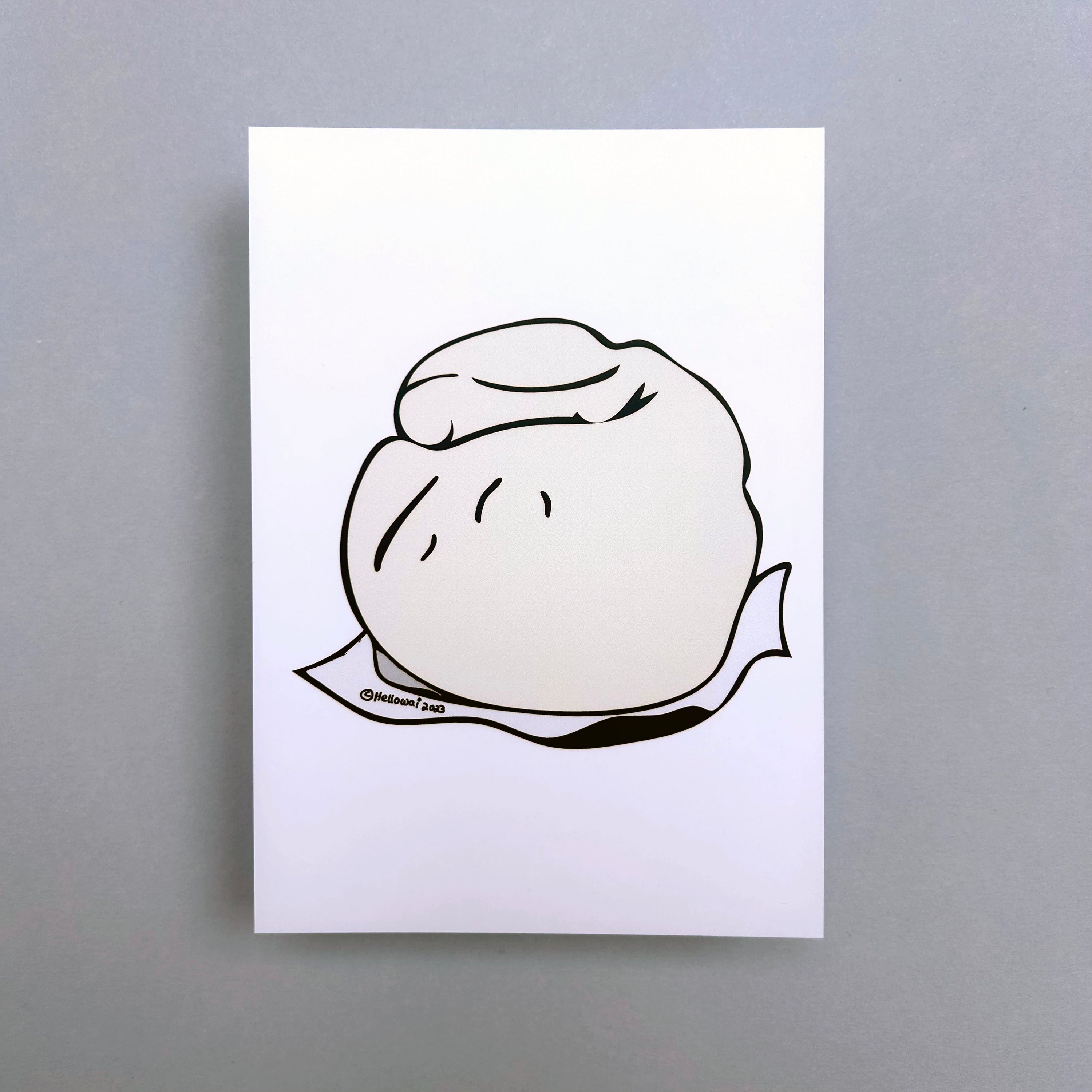 An A6 Hello Wai flat notecard with a colour illustration of a char siu bao, printed on white card.