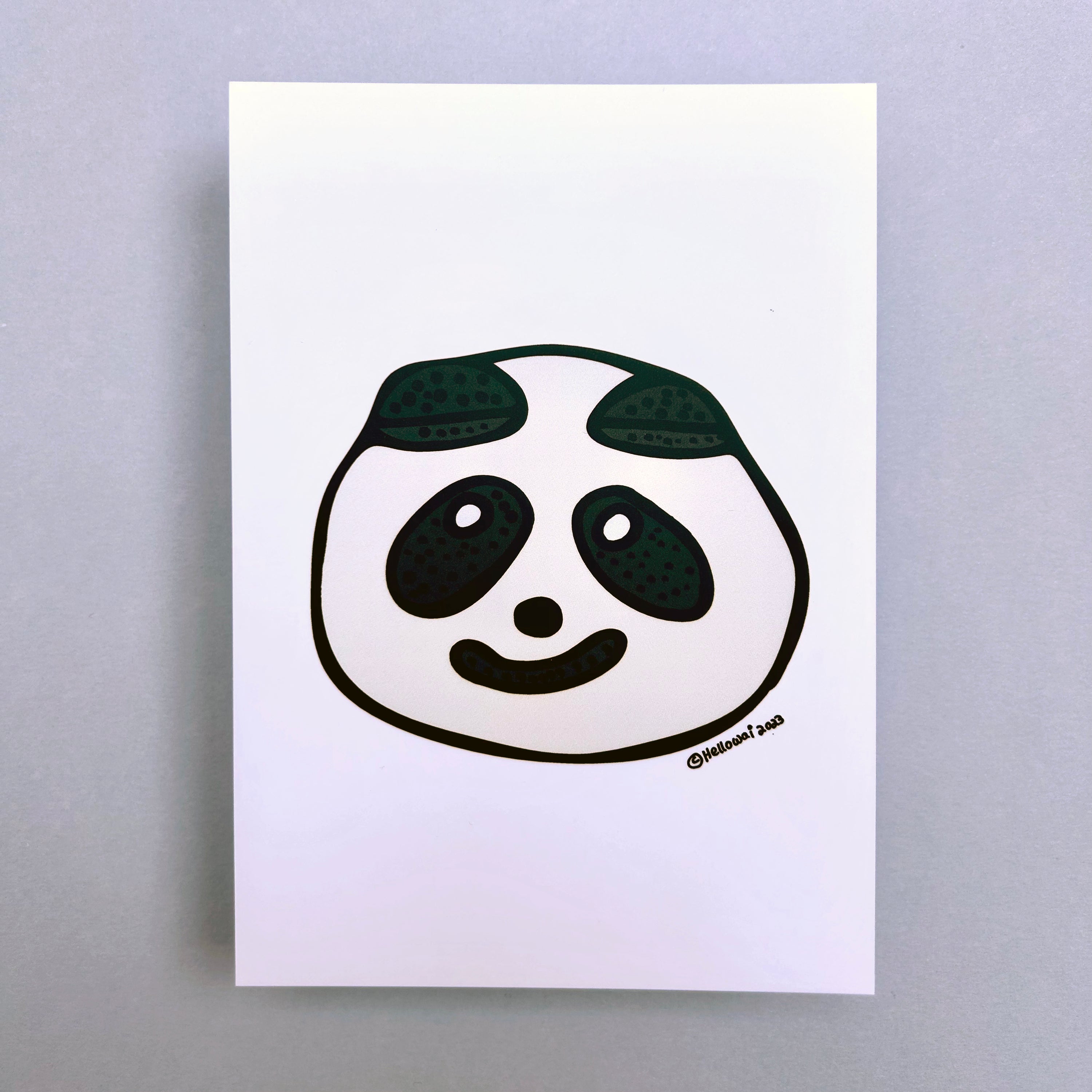 An A6 Hello Wai flat notecard with a colour illustration of a cute panda shaped bao, printed on white card.