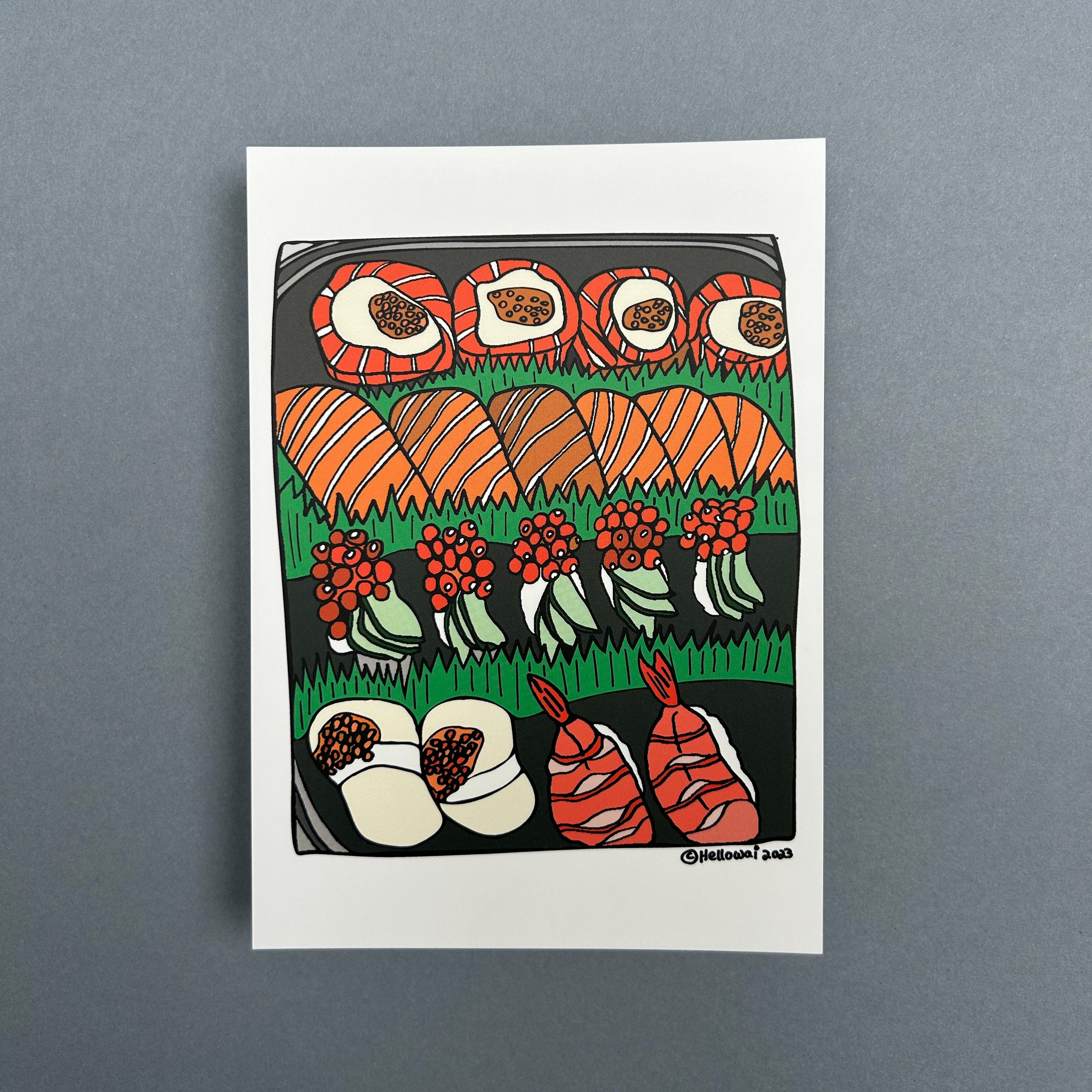 An A6 Hello Wai flat notecard with a colour illustration of a sushi platter with five different types of sushi rolls, printed on white card. 